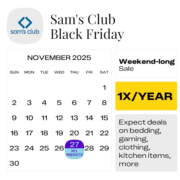 Calendar showing the predicted start date for the Sam's Club Black Friday sale as Thursday, November 27, 2025.