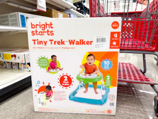 brightstarts baby walker sitting in front of a target shelf