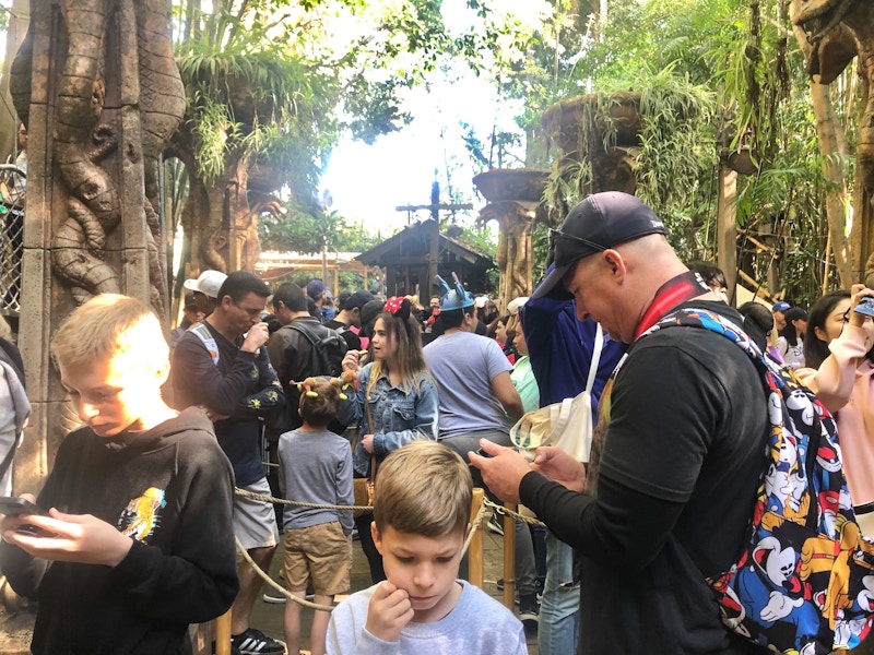 Crowds of people waiting in a long ride line at Disneyland.