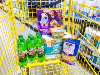 groceries in a yellow shopping cart