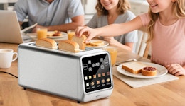 a toaster with toast inside on a wooden table with a family