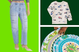 women's jeans, toddler sweatshirt and Melissa & Doug floor puzzle