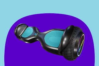 Lifestyle image of the Jetson Dash Hoverboard with LED Lights (woman stepping on it outdoors)