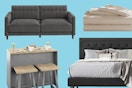 collage of sheets, kitchen island, and a bed at wayfair 