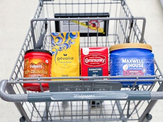 Folgers, gevalia, Community, and Maxwell coffee in walgreens shopping basket