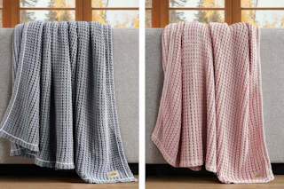 2 lifestyle images of Ugg throw blankets in 2 colors