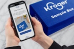 A Kroger Sample Box and woman holding phone showing how to sign up