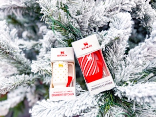 2 Stanley Ornament Keychains in flocked Christmas tree (close up shot)