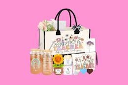 a teacher gift set on a pink background