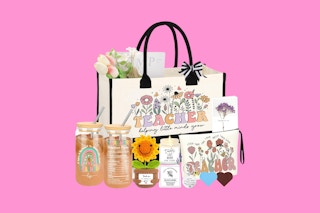 a teacher gift set on a pink background