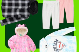 kids' shacket and graphic sweatshirt, disney snow suit, and baby pants