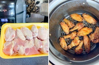 Two images of chicken wings about to go into an air fryer