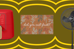 red air fryer, coir doormat, black oscillating fan
