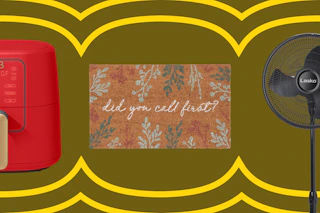 red air fryer, coir doormat, black oscillating fan