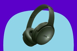 Bose QuietComfort Bluetooth Headphones on a blue background.
