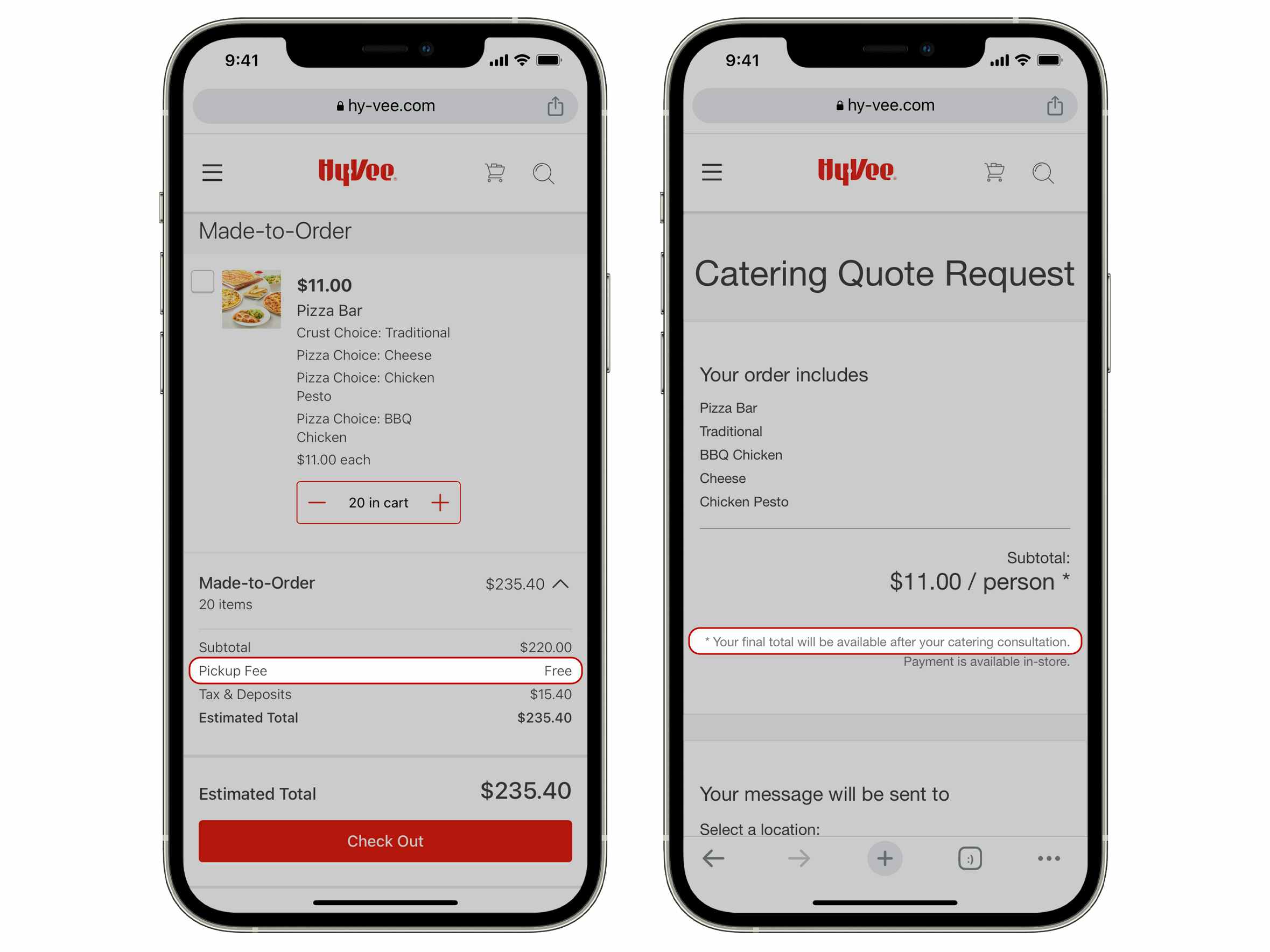 hy-vee-catering-cart-comparison-pickup-shipping-2-screenshots