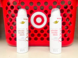 2 dove whole body deodorants sitting in front of a target basket