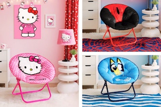 3 lifestyle images of character saucer chairs: Hello Kitty, Spider-Man & Bluey