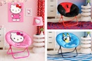 3 lifestyle images of character saucer chairs: Hello Kitty, Spider-Man & Bluey