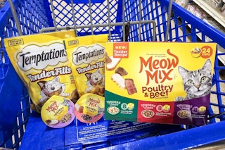 cat treats and food in a cart