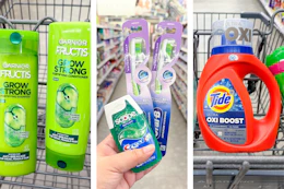 collage image of garnier shampoo, crest oral care, and tide detergent