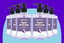 Amazon Basics Original Fresh Liquid Hand Soap, 7.5 Fl Oz (Pack of 6) on a blue background.
