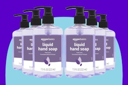 Amazon Basics Original Fresh Liquid Hand Soap, 7.5 Fl Oz (Pack of 6) on a blue background.