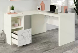white and marble inspired l-desk