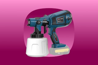 A blue and black paint sprayer gun with a white reservoir and grey battery