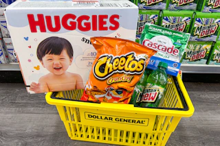 dollar general groceries in yellow basket