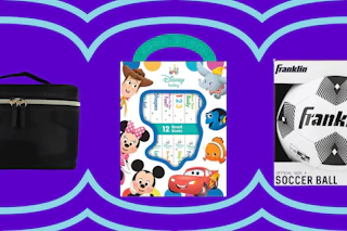 black makeup train case, disney kids book set, and a soccer ball