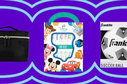 black makeup train case, disney kids book set, and a soccer ball