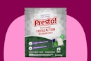 A bag of 70 Amazon Presto! dishwasher pods, a generic version of Cascade Platinum Plus with two liquids and a powder.