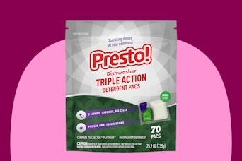 A bag of 70 Amazon Presto! dishwasher pods, a generic version of Cascade Platinum Plus with two liquids and a powder.