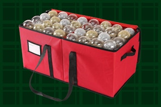a red ornament storage box