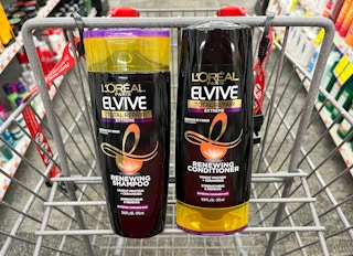 bottle of L'Oreal Paris Elvive shampoo and conditioner in shopping cart