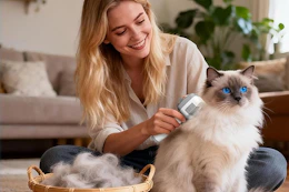 a woman brushing a cat