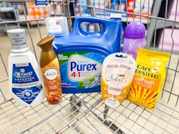 6 products in Walmart shopping cart: Crest, Febreze, Bic, Cafe Bustelo, Purex & Snuggle