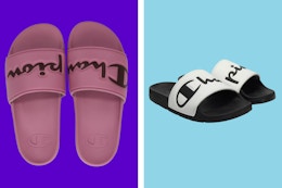 pink or black and white Champion women's sandals
