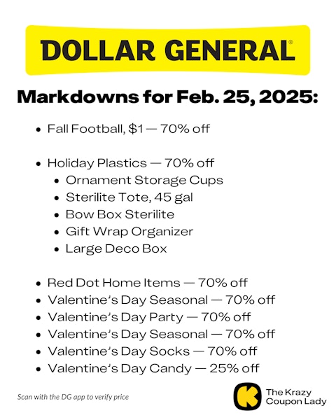 A list of the eight categories with new Dollar General markdowns starting the week of February 25, 2025.