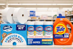 charmin, clorox, and tide products on a shelf