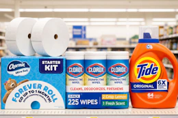 charmin, clorox, and tide products on a shelf