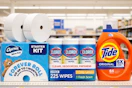 charmin, clorox, and tide products on a shelf