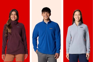 Collage of adults wear the Columbia fleece jackets