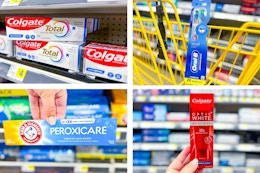 dollar general oral-b, arm & hammer, and colgate 4-photo collage
