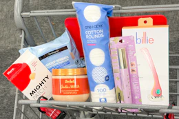 hero mighty patches, neutrogena wipes, tree hut body scrub, one+other cotton rounds, milani mascara, and billie razor in a cart