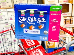 costco silk organic almond milk 3-pack on shopping cart
