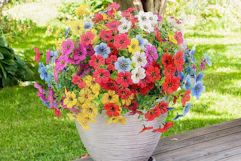 artificial flowers on a deck