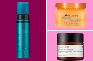 collage of a tanning mousse, sugar scrub and a moisturizer 