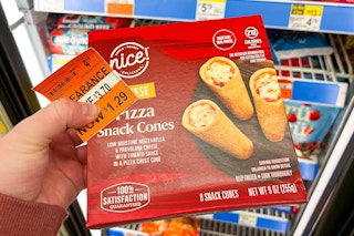 person holding a box of frozen pizza cones with a clearance price tag